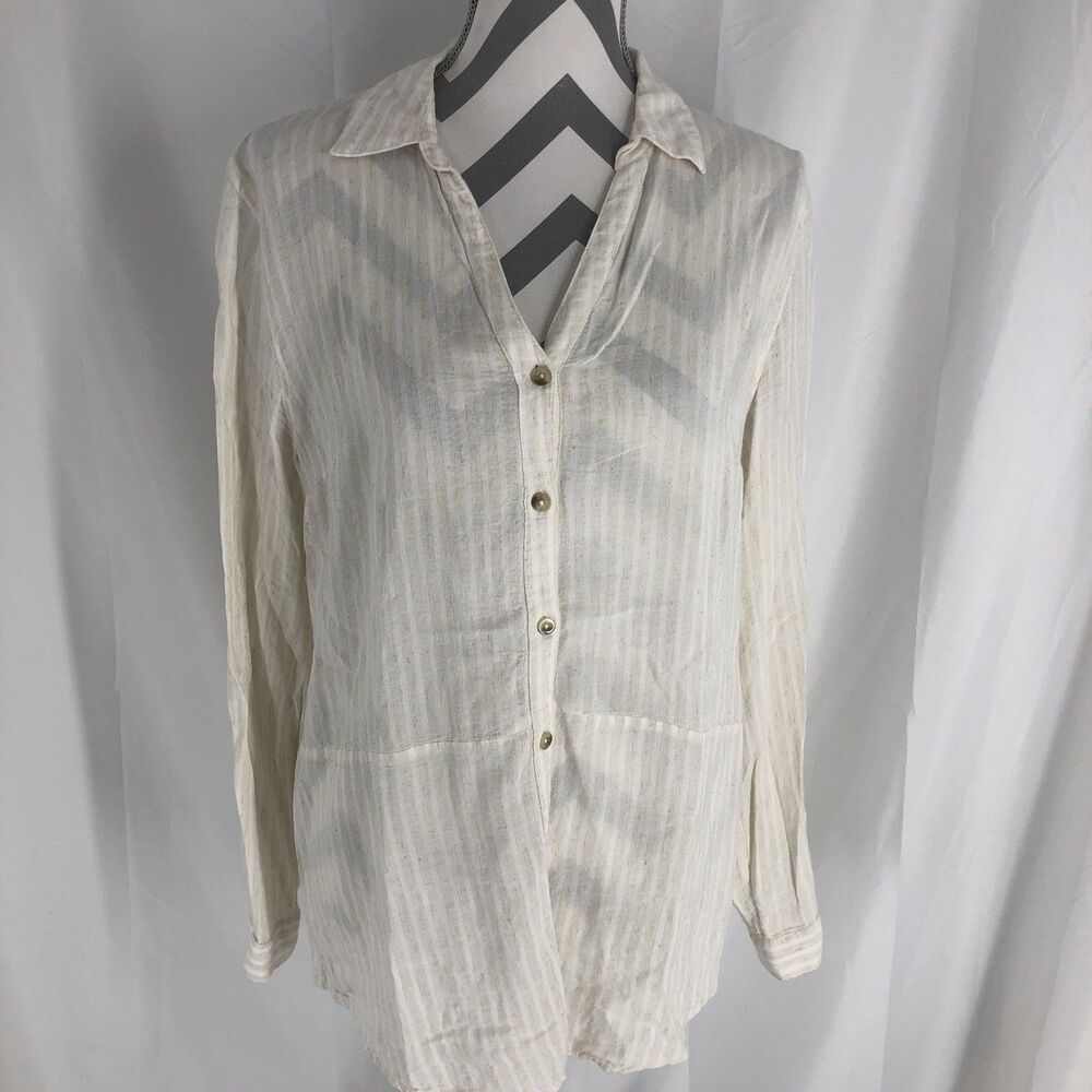 Angels Large Blouse Women's Linen Tunic Beige Striped